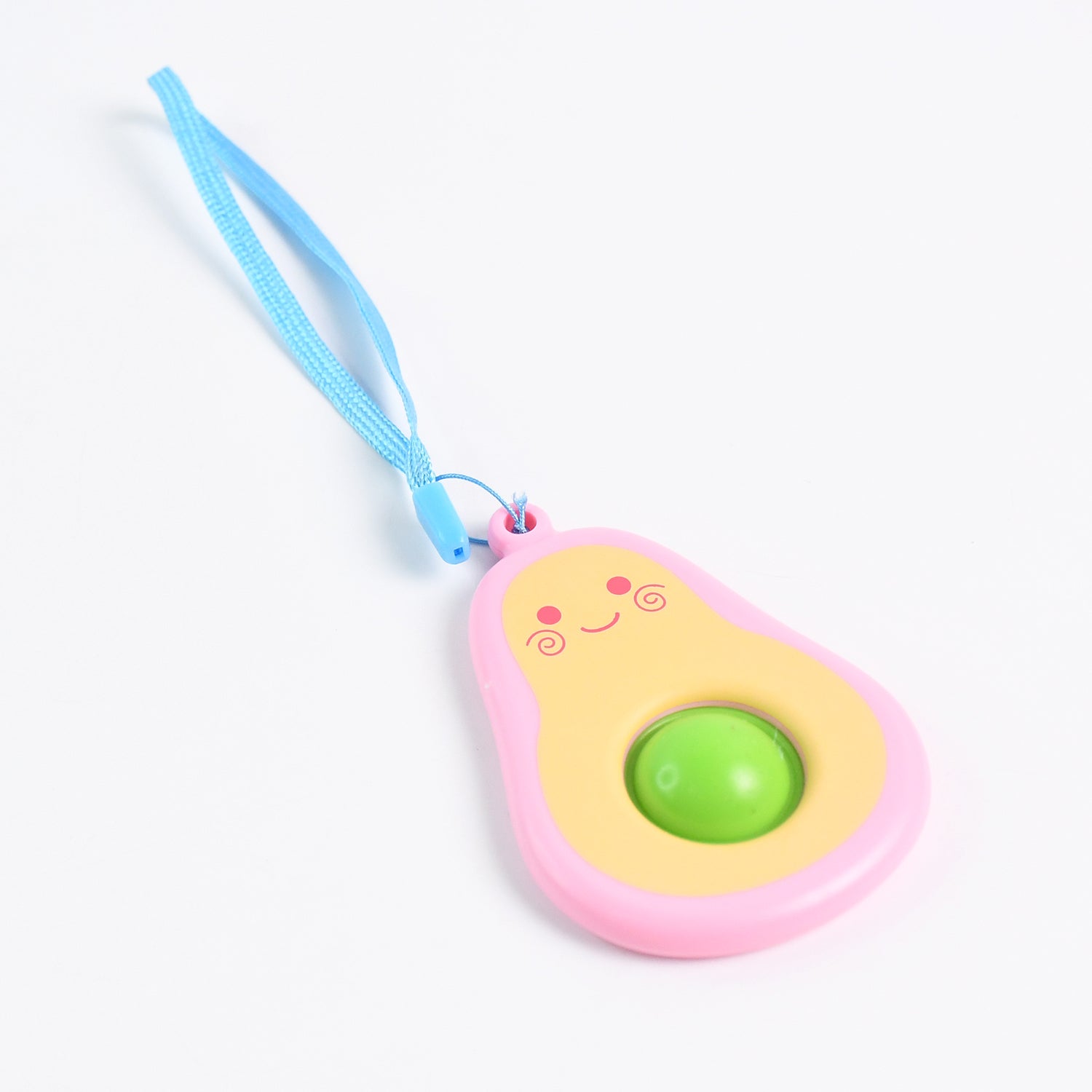 Cute avocado-shaped mini push pop keychain toy with strap by Wukusy, featuring vibrant green and brown colors on a white background.