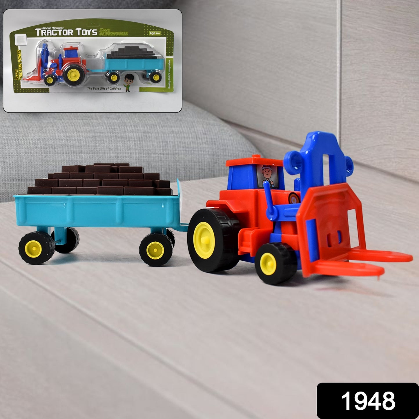 Wukusy plastic friction-powered toy tractor with bricks trolley for children, detailed blue and yellow farm vehicle with cargo bed