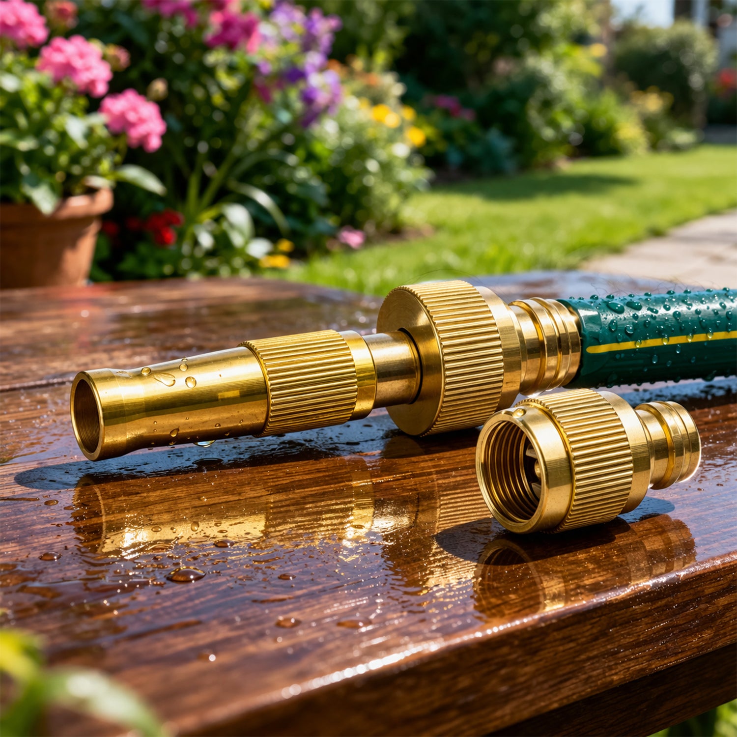 Heavy duty brass garden hose spray nozzle set by Wukusy with adjustable spray patterns and ergonomic handle for versatile watering.