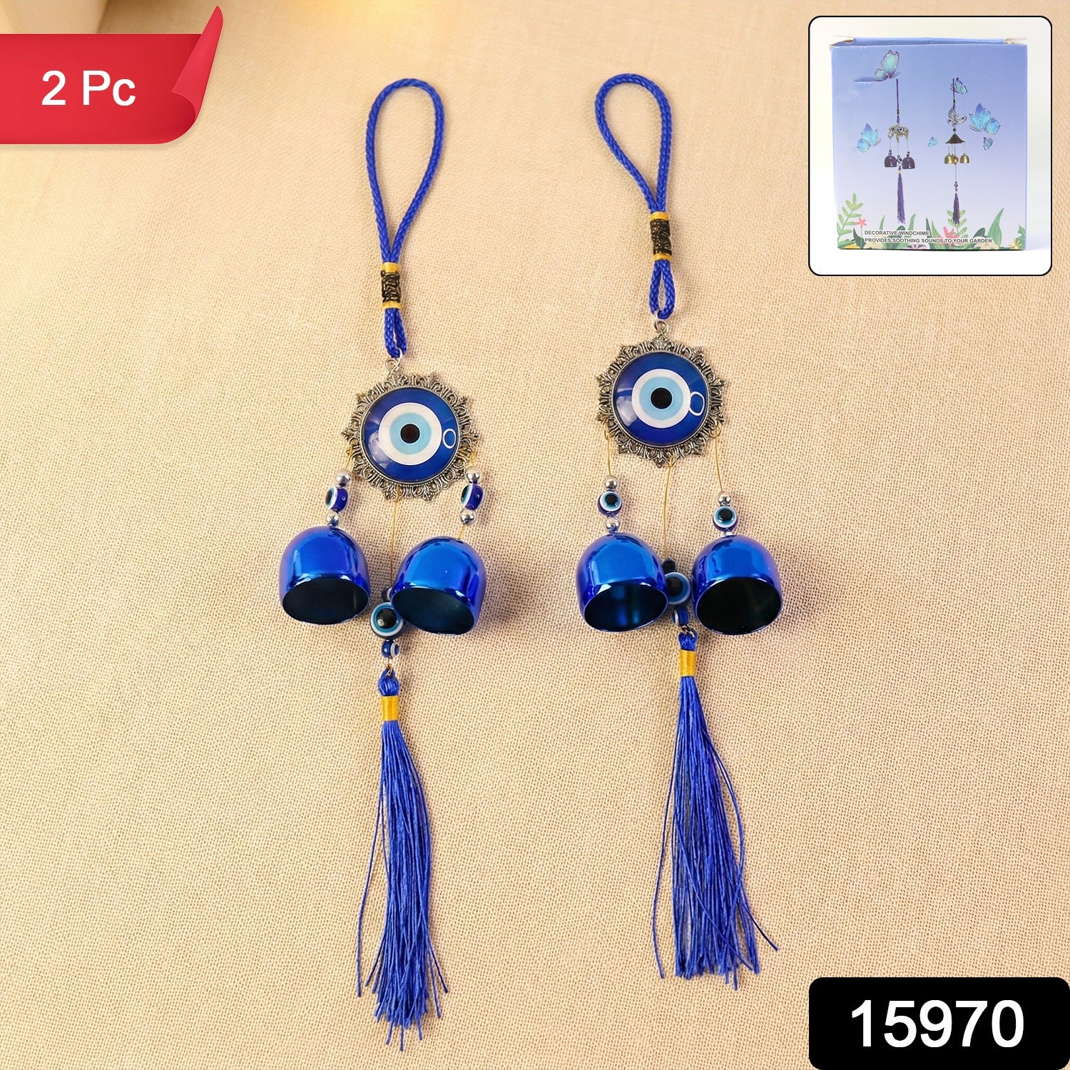 Wukusy decorative evil eye hanging wind chime set with two colorful glass charms and metal bells for outdoor or indoor decor.