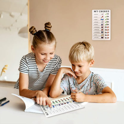 Wukusy 20x12cm portable My Chores home note board for planning and reminders, featuring colorful markers and cleaning schedule layout.