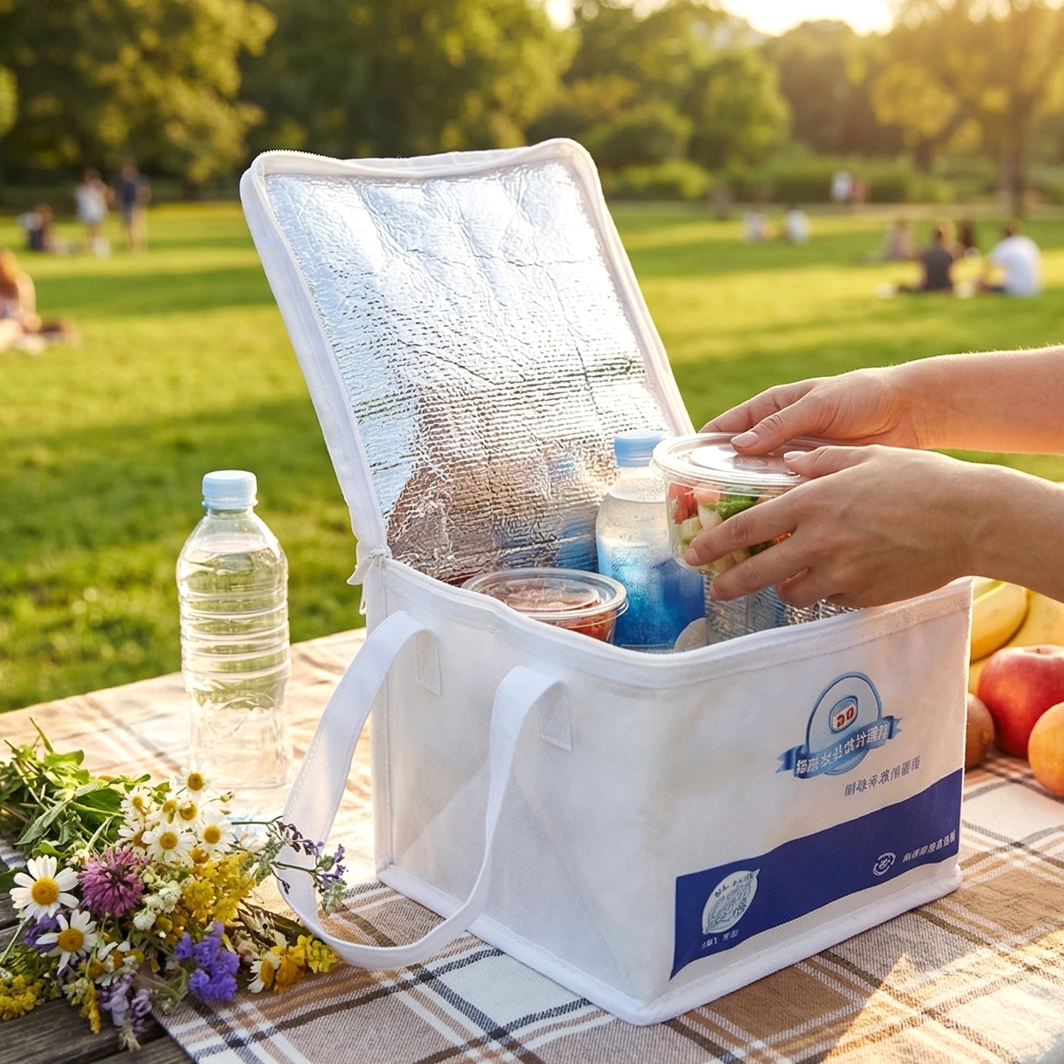 Wukusy portable insulated lunch bag with zipper closure, showing a compact design with 16x19x21 cm dimensions.