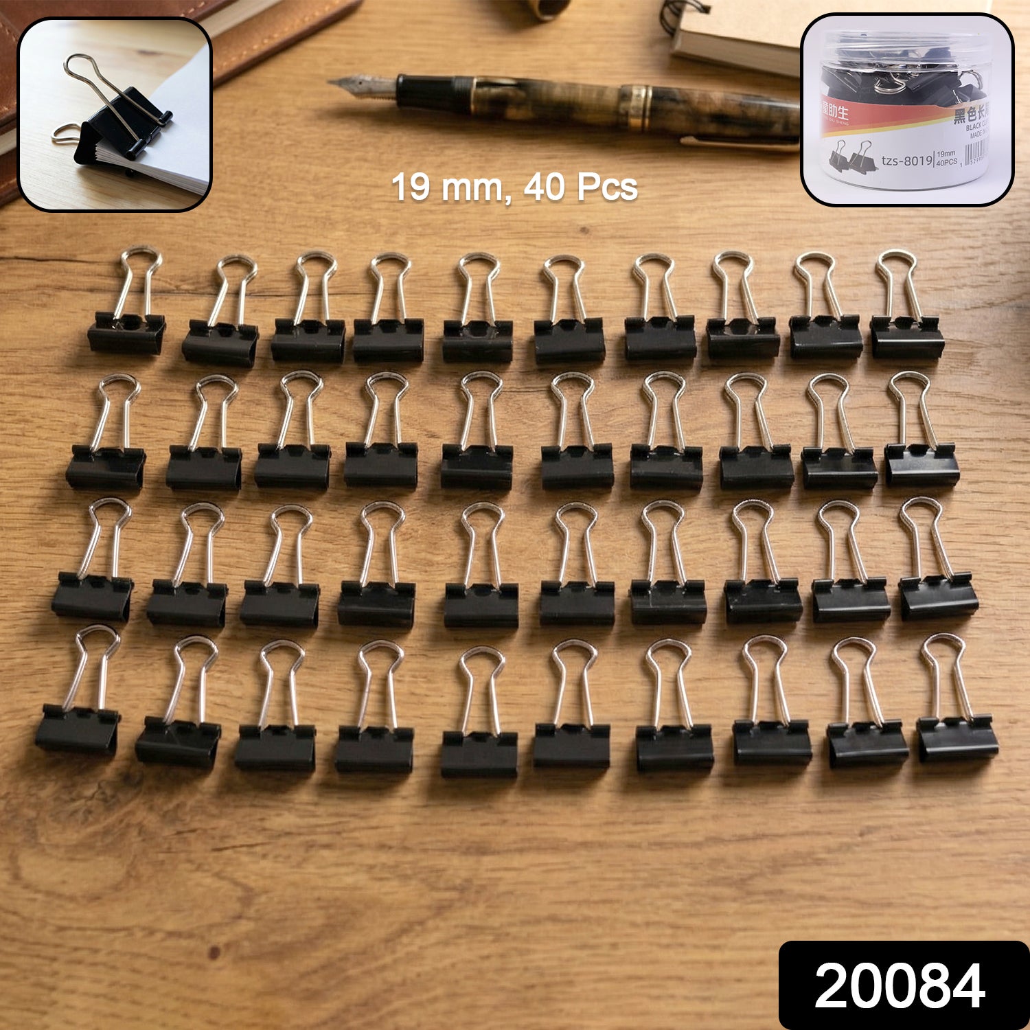 Set of 40 black heavy-duty binder clips, 19mm size, by Wukusy, arranged in a neat stack on a white background.