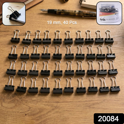 Set of 40 black heavy-duty binder clips, 19mm size, by Wukusy, arranged in a neat stack on a white background.