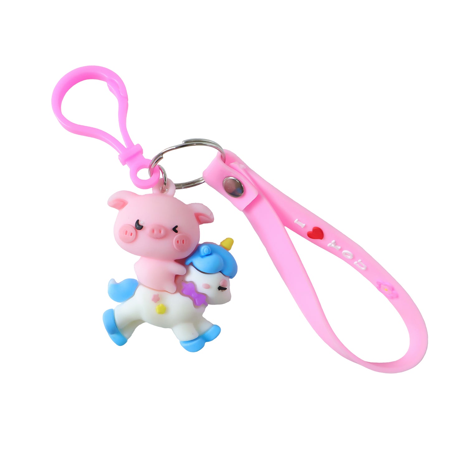 Cute pig riding a unicorn cartoon keychain from Wukusy featuring colorful, playful character design on a keychain.