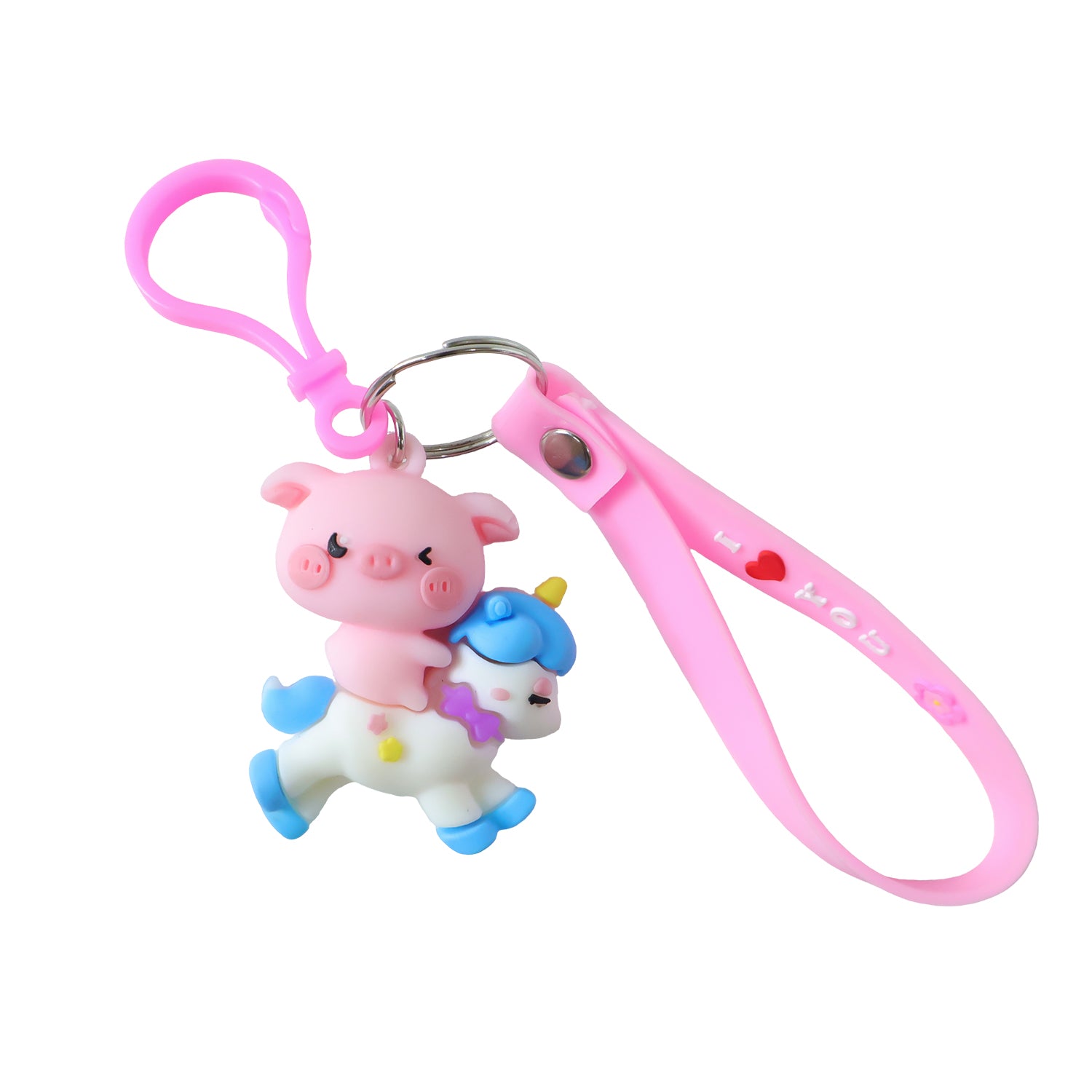 Cute pig riding a unicorn cartoon keychain from Wukusy featuring colorful, playful character design on a keychain.