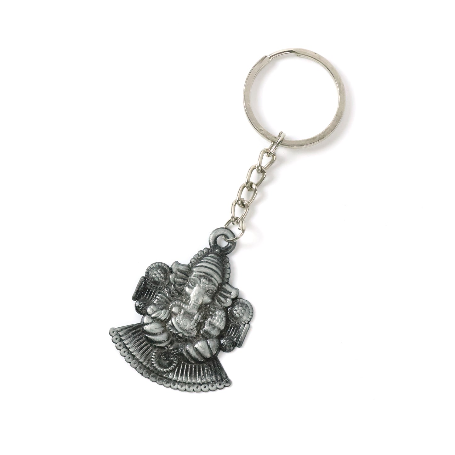 Silver Lord Ganesha sitting design keychain by Wukusy, featuring detailed Ganesha figure on a keychain.