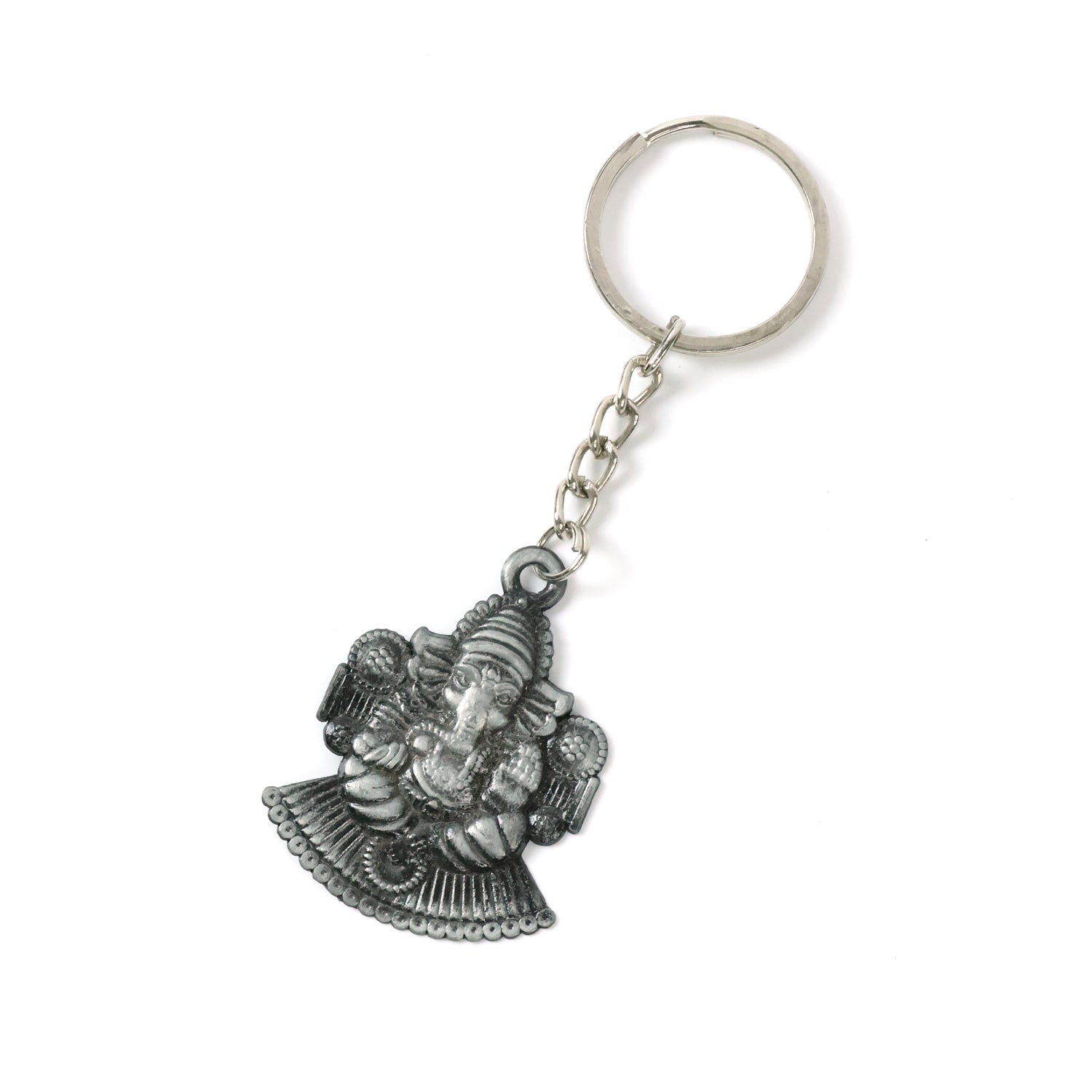 Silver Lord Ganesha sitting design keychain by Wukusy, featuring detailed Ganesha figure on a keychain.