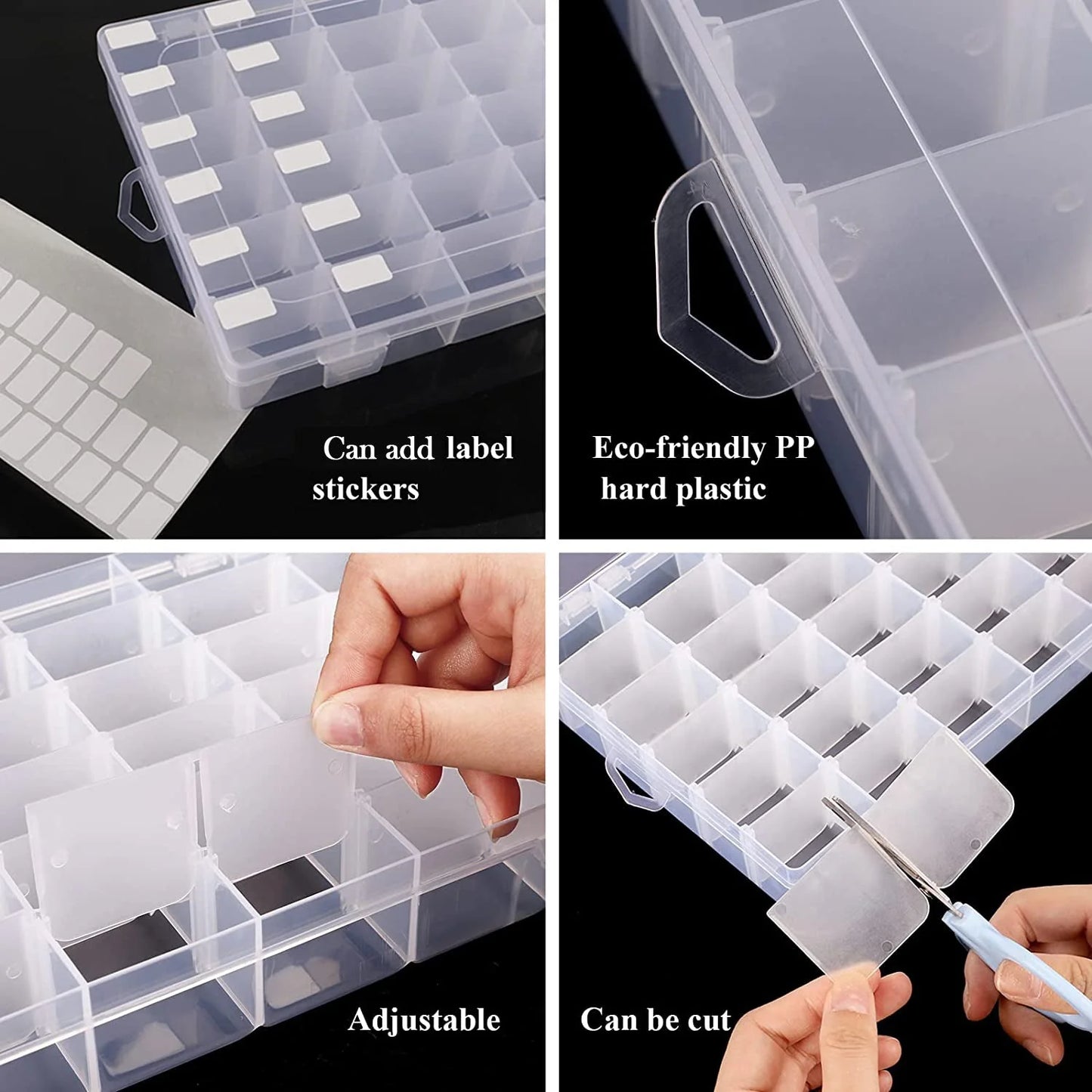 Clear plastic jewelry organizer box with 36 grids and adjustable dividers, ideal for home storage and organization.
