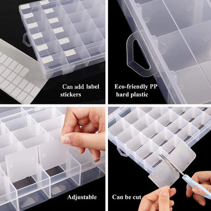 Clear plastic jewelry organizer box with 36 grids and adjustable dividers, ideal for home storage and organization.