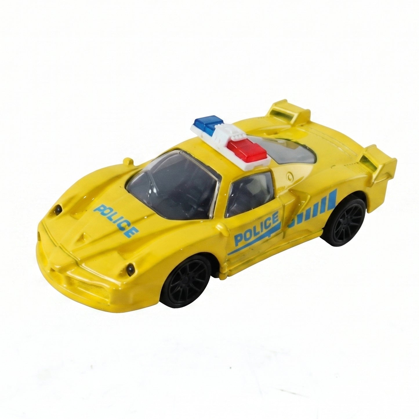 Wukusy police design mini toy car with pull-back friction racing feature for kids, shown in a close-up image.