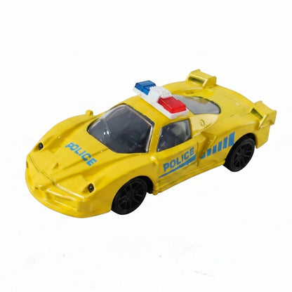 Wukusy police design mini toy car with pull-back friction racing feature for kids, shown in a close-up image.