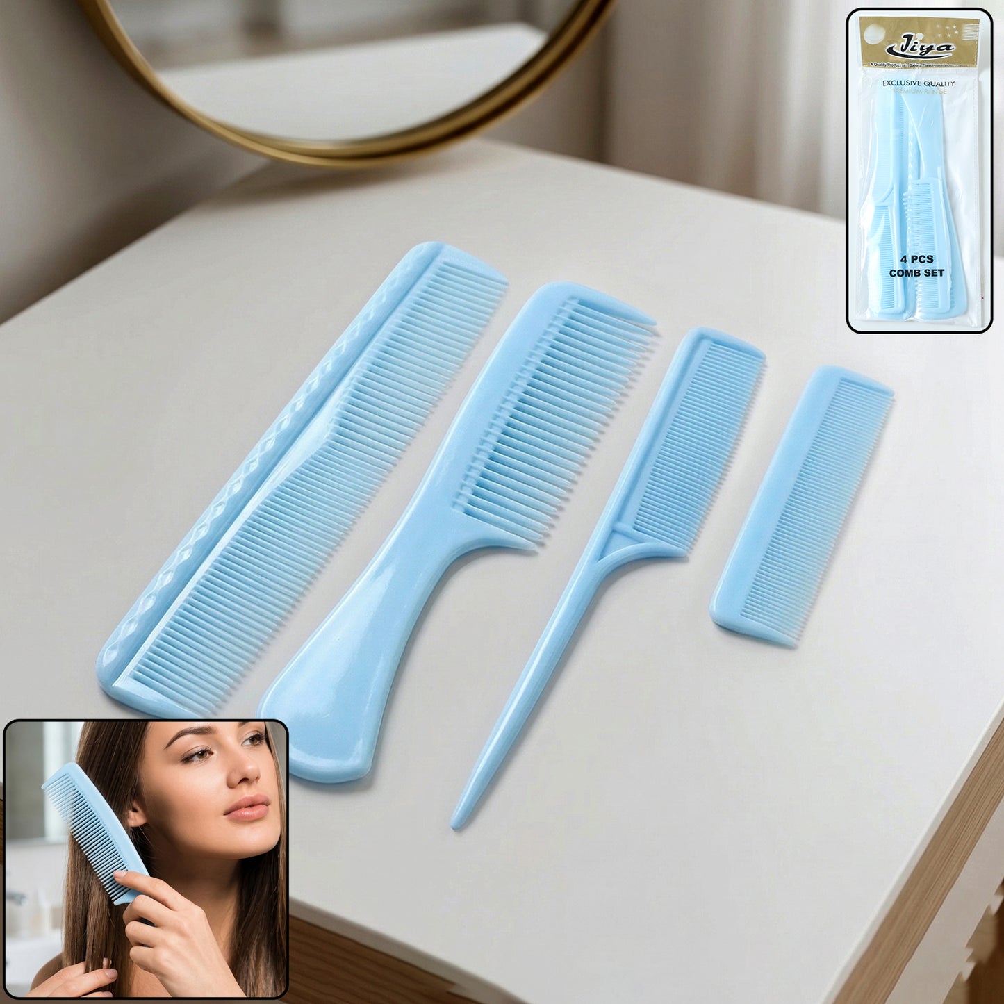 Set of four Wukusy multipurpose hair combs, including wide-tooth and fine-tooth styles for versatile hair grooming.