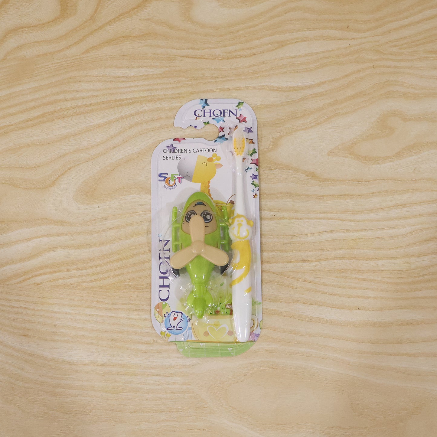 Two Wukusy 2-in-1 kids toothbrushes with fun helicopter toys for children, featuring colorful handles and playful designs.