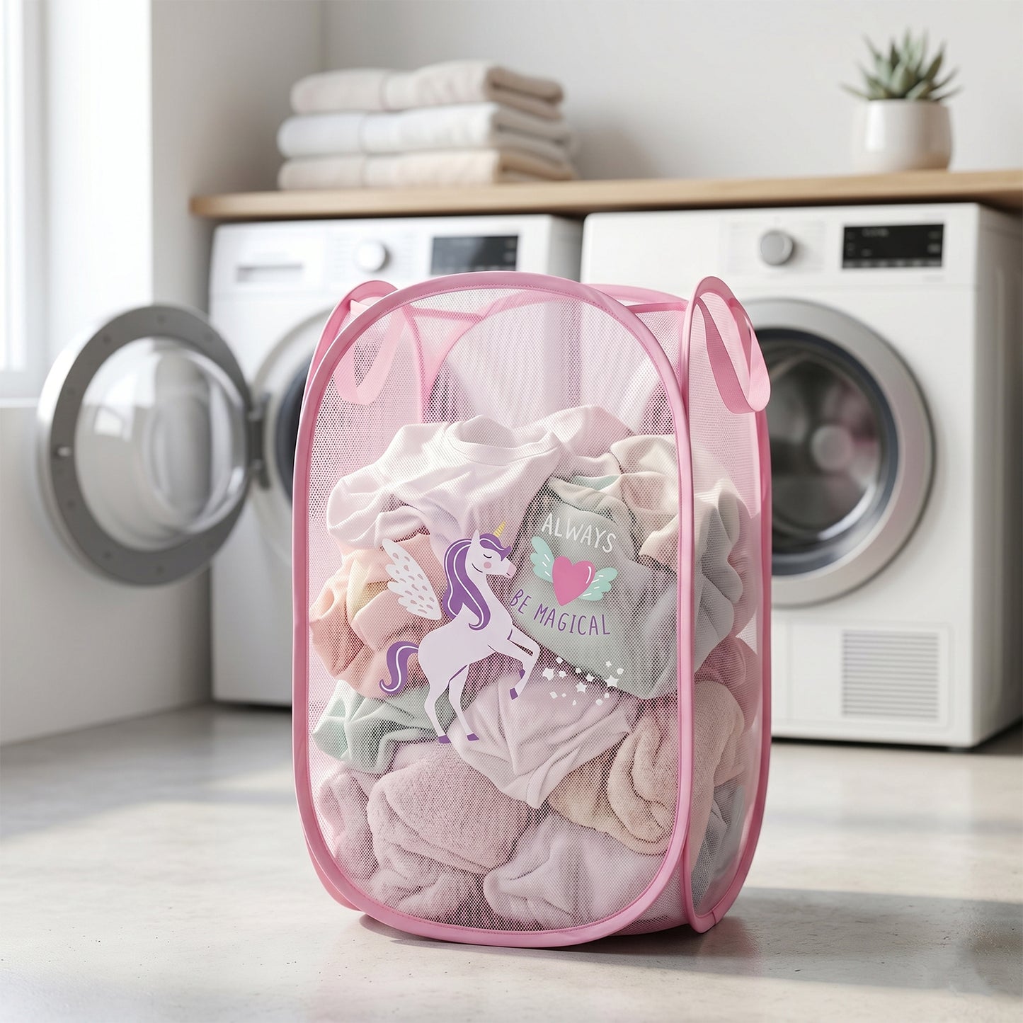 Foldable Wukusy kids laundry basket with unicorn design, 36x36x58 cm, featuring colorful unicorn print and soft fabric material
