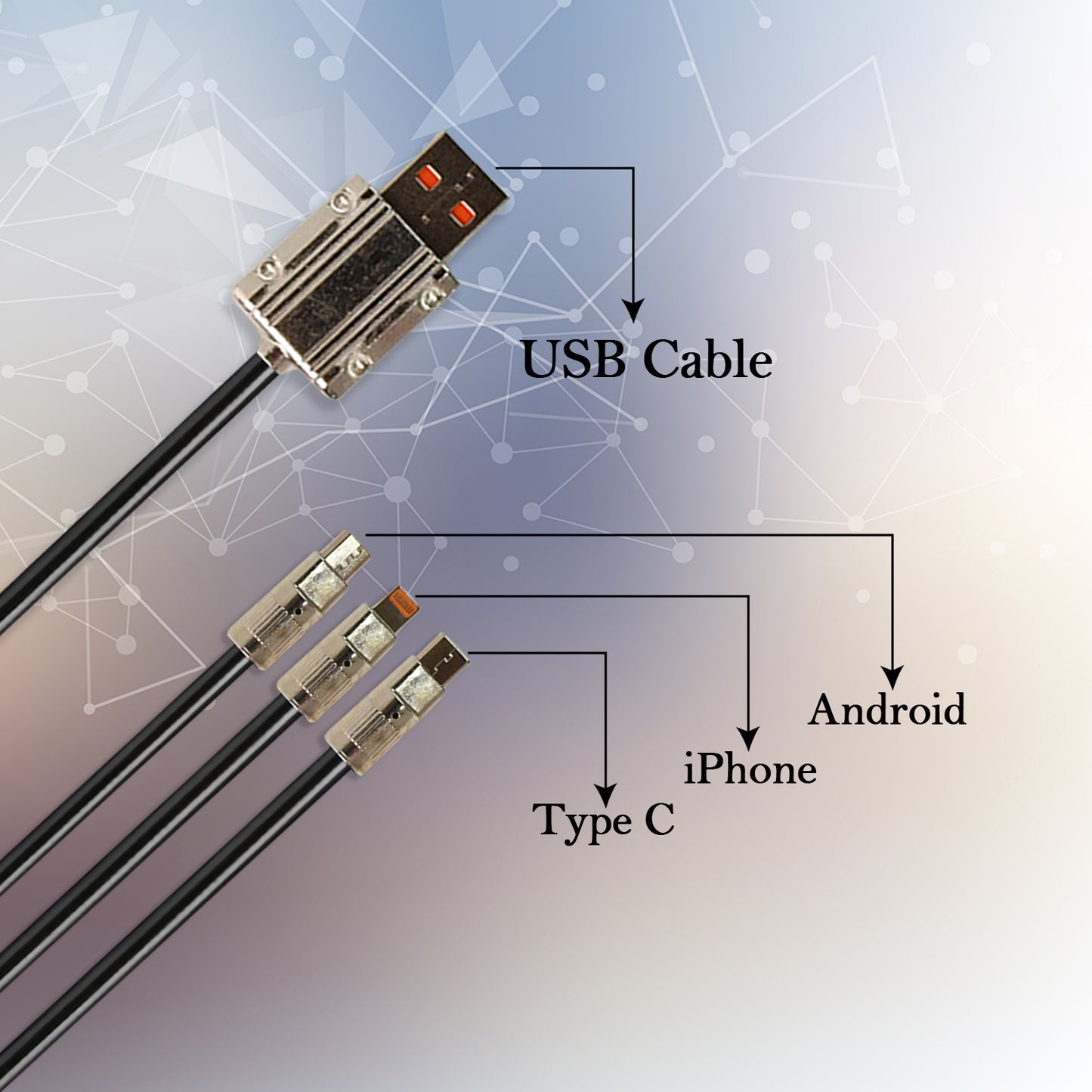 Wukusy 3-in-1 super fast charging cable, 2-meter length, mobile accessories with multiple charging ports, black color