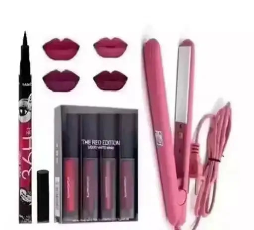 Ekom All Beauty red edition hair straightener, mini lipstick, and 36h eyeliner set displayed on a white background.