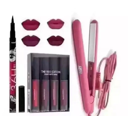 Ekom All Beauty red edition hair straightener, mini lipstick, and 36h eyeliner set displayed on a white background.