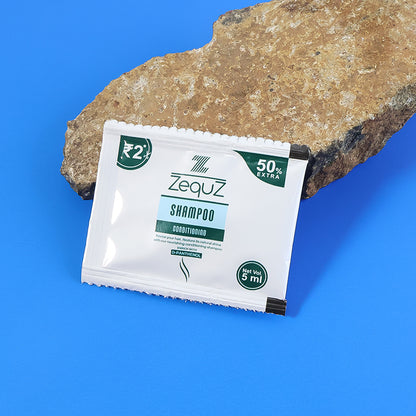 Wukusy Zequz Nourishing Conditioning Shampoo sachet, 5ml, single packet with sleek packaging, designed for hair nourishment.