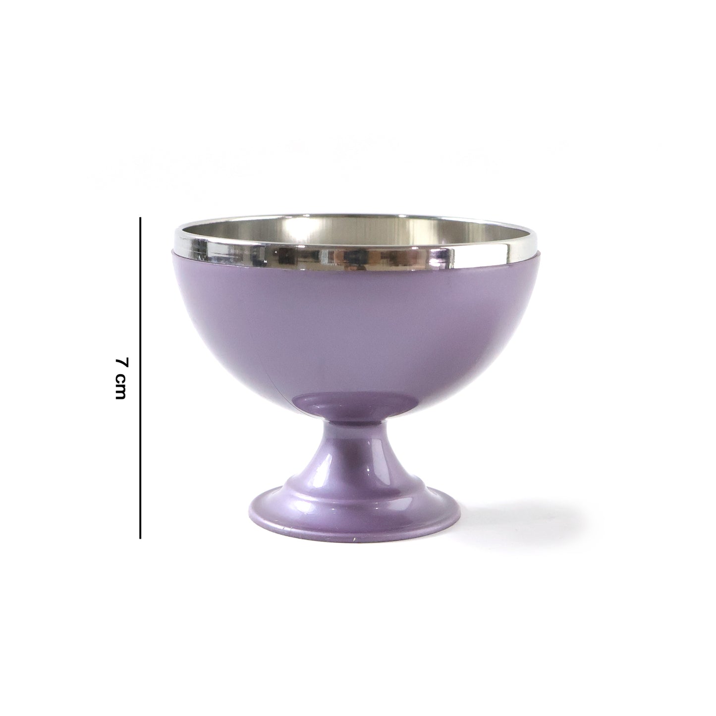 Six stainless steel dessert bowls with a stand, arranged for serving, by Wukusy. Durable, shiny, and perfect for desserts or snacks.