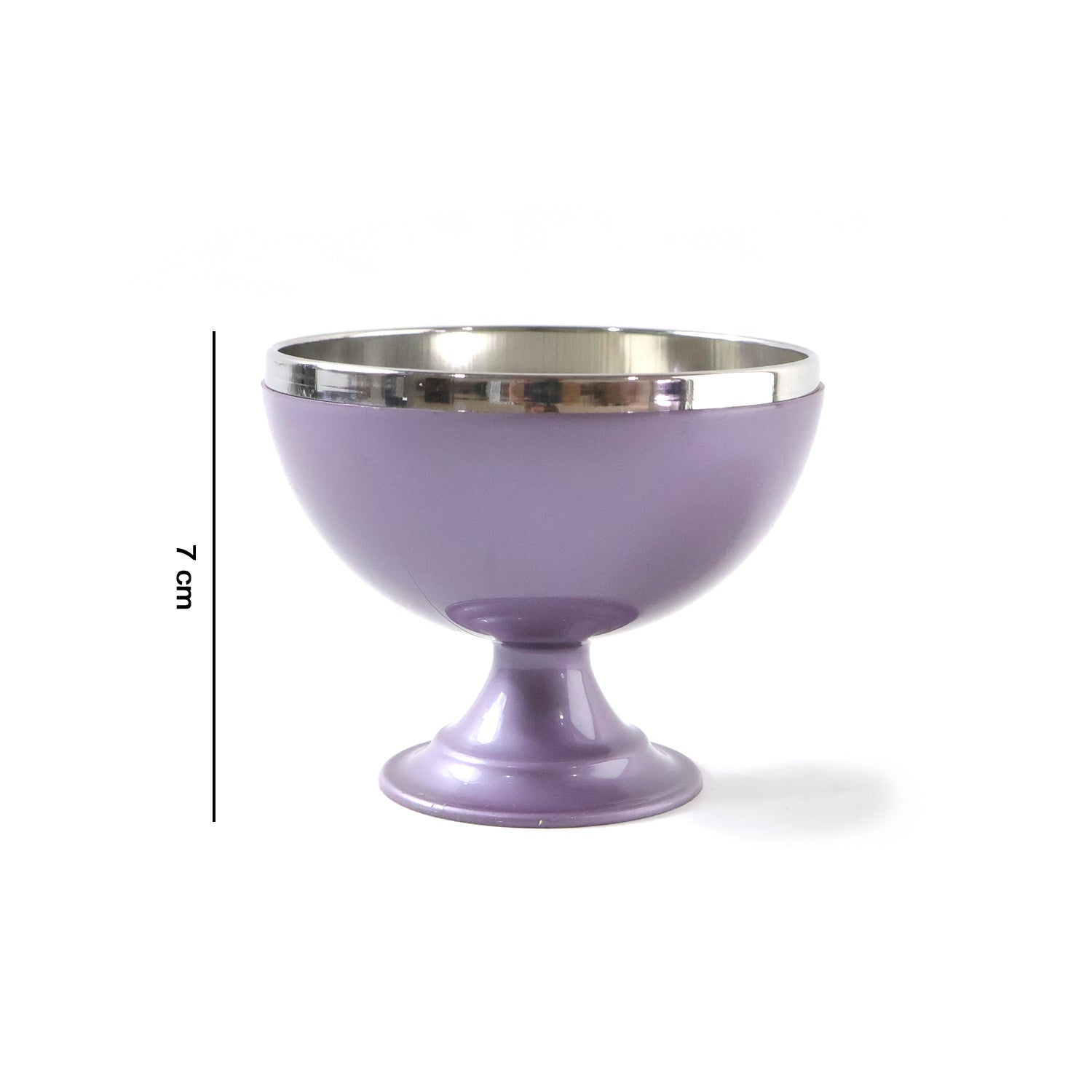 Six stainless steel dessert bowls with a stand, arranged for serving, by Wukusy. Durable, shiny, and perfect for desserts or snacks.