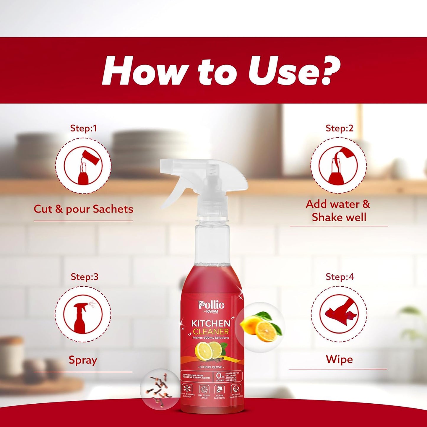 Wukusy Pollic Kadam concentrated kitchen surface cleaner refill kit with spray bottle for effective home cleaning.