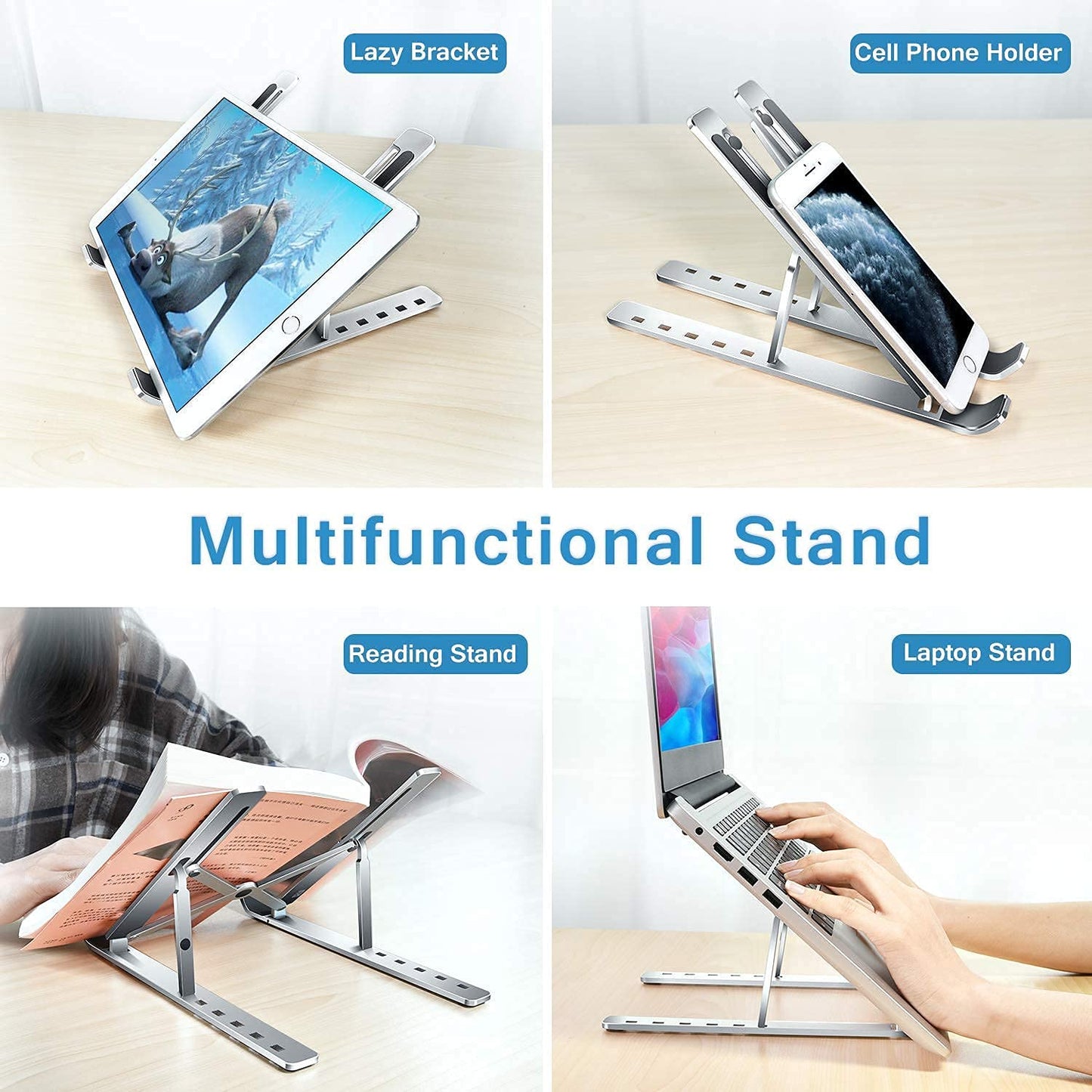 Wukusy metal laptop stand with adjustable angles, suitable for desk use, supporting laptops, phones, and tablets in a home office setup.