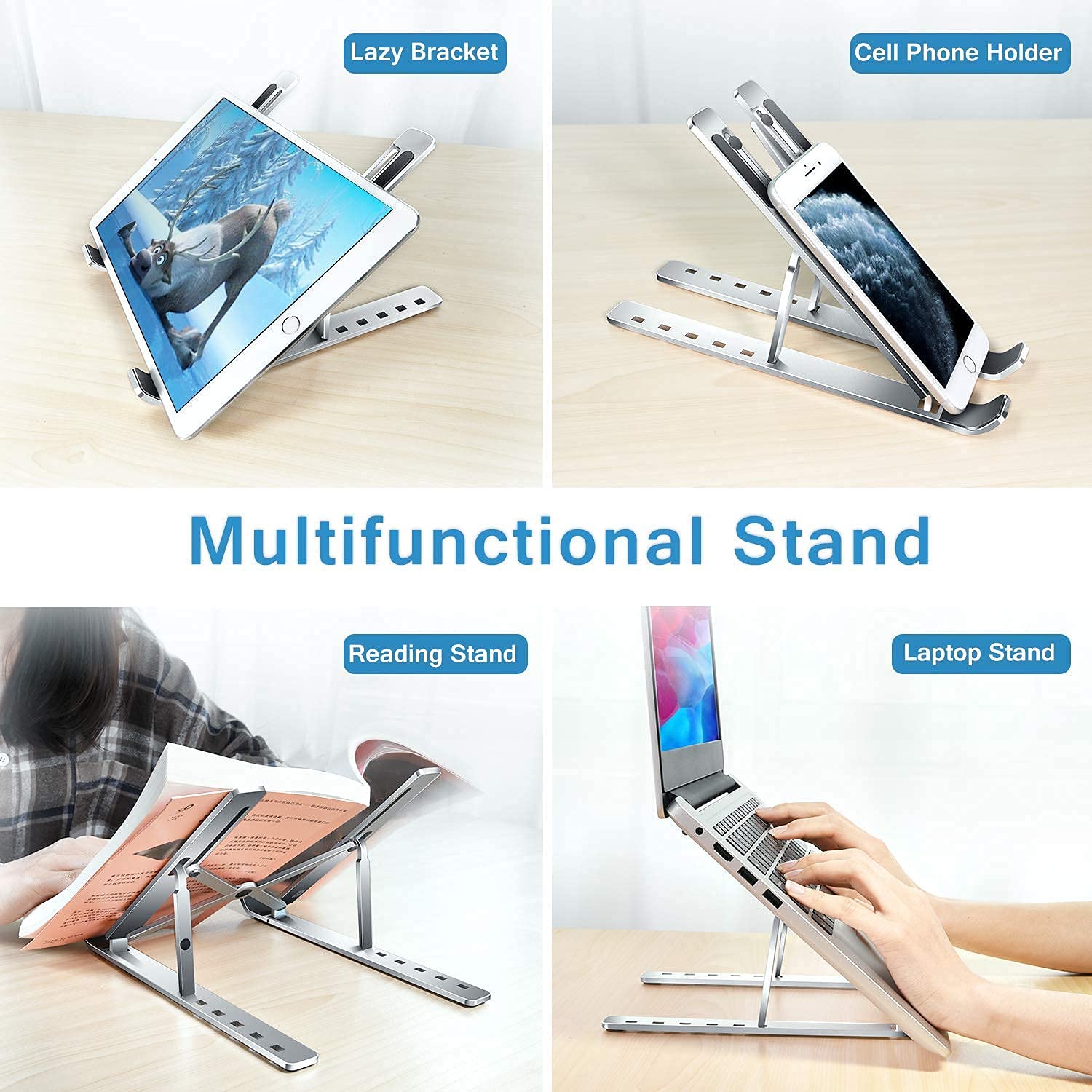 Wukusy metal laptop stand with adjustable angles, suitable for desk use, supporting laptops, phones, and tablets in a home office setup.