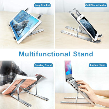 Wukusy metal laptop stand with adjustable angles, suitable for desk use, supporting laptops, phones, and tablets in a home office setup.