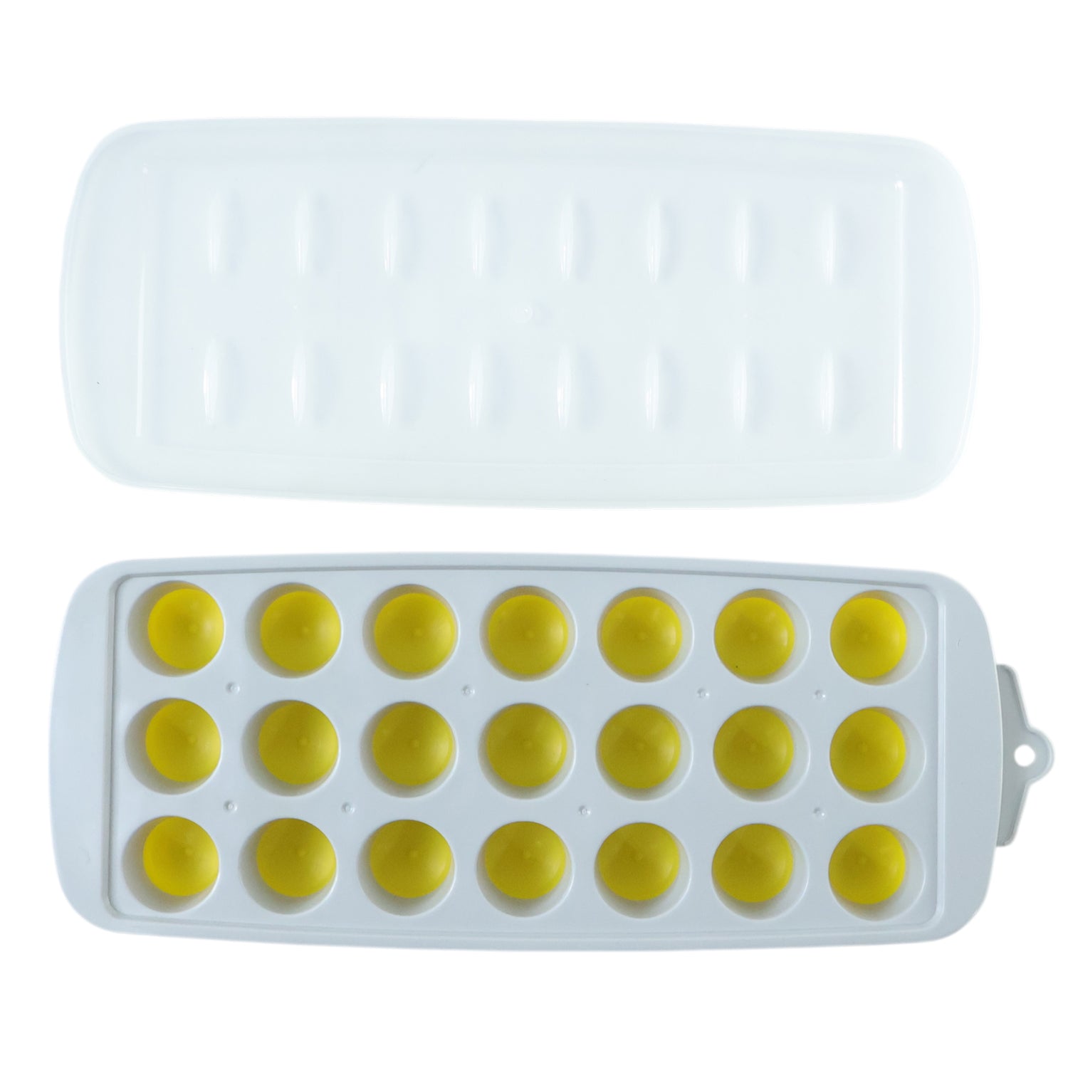 Wukusy round ball ice cube tray with lid showing 21 ice molds in a clear plastic tray on a kitchen countertop