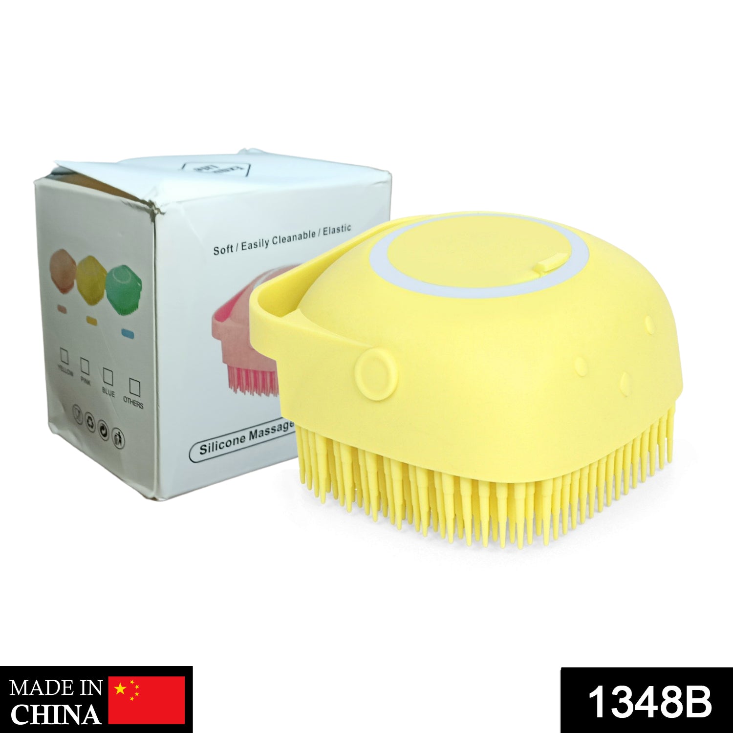 Wukusy silicone massage bath body brush with built-in shampoo dispenser, featuring textured bristles for gentle skin cleansing