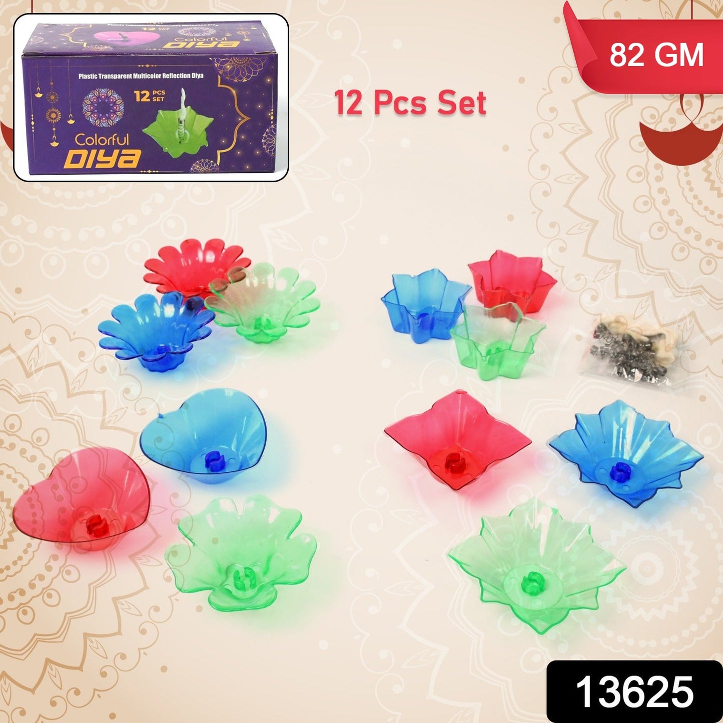 Set of 12 colourful plastic diya cups with multi-shape designs by Wukusy for home decor and lighting.
