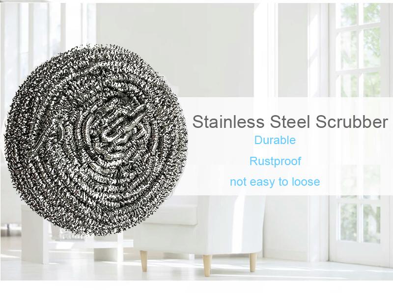 Wukusy stainless steel round ball scrubber for kitchen cleaning, designed to remove tough grime from pots and pans.