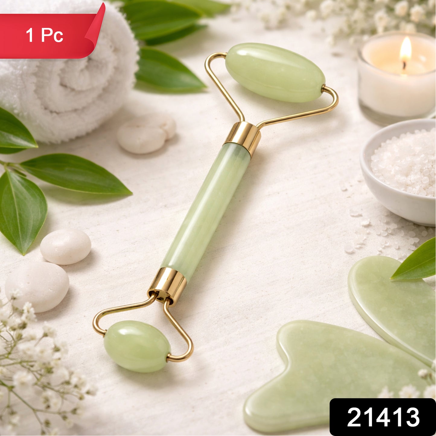 Wukusy premium dual head jade stone face roller and Gua Sha massage tool set displayed on a white background.