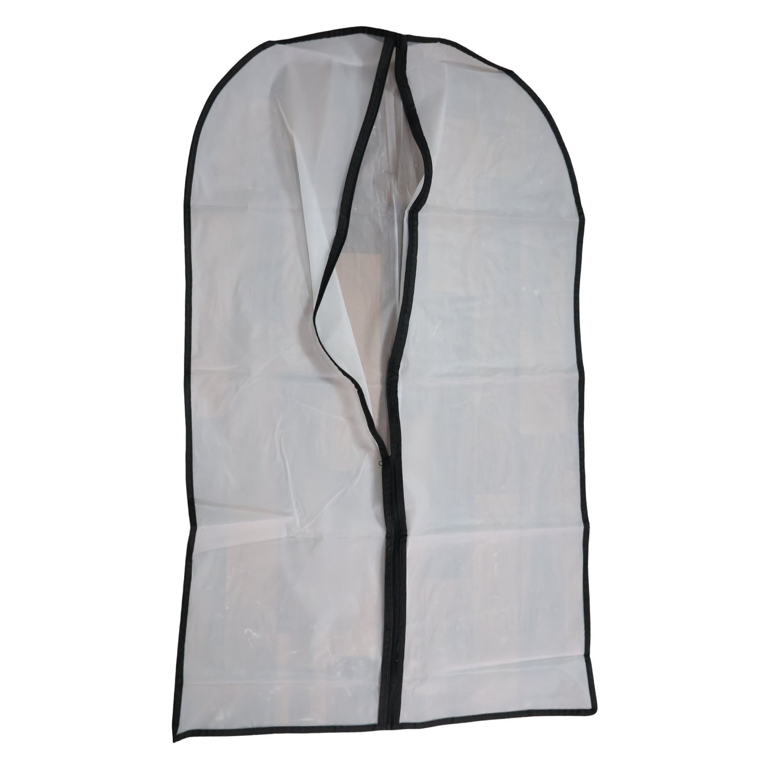 Clear Wukusy garment cover with front zipper, 100x60 cm, for protecting clothing during storage or travel.
