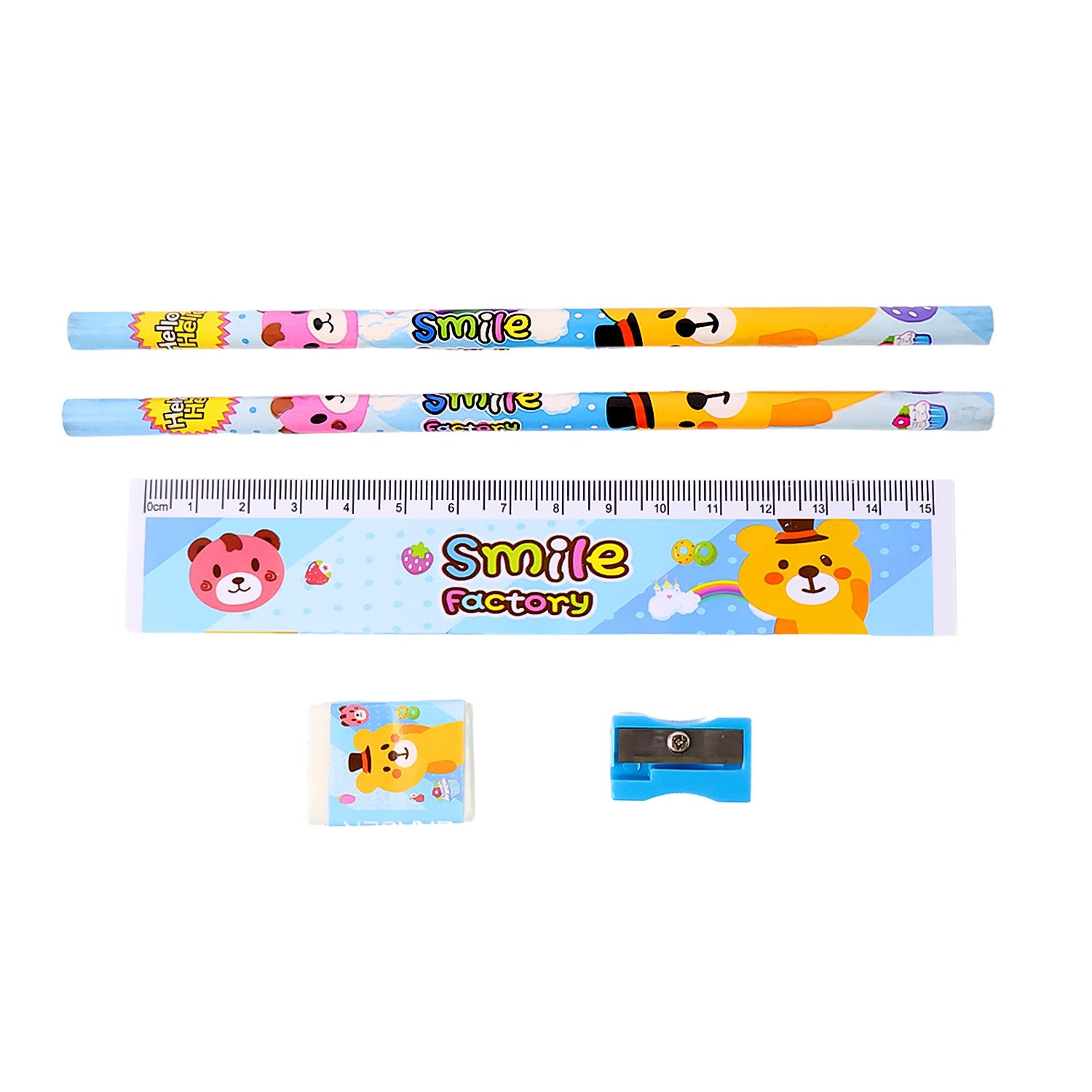 Wukusy 5-piece wooden pencil set with colorful pencils and stationery items, ideal for school kids and educational gift packs.