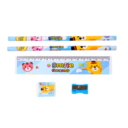 Wukusy 5-piece wooden pencil set with colorful pencils and stationery items, ideal for school kids and educational gift packs.