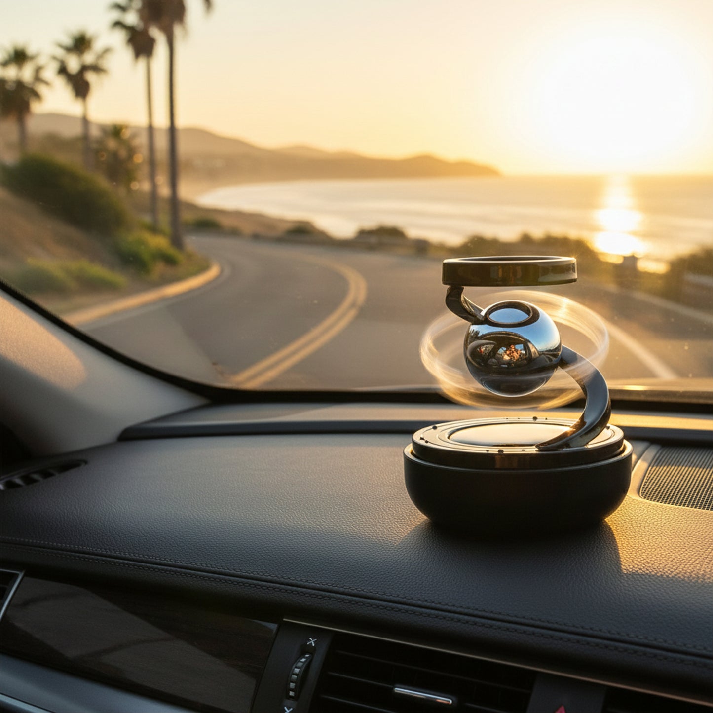 Wukusy solar-powered rotating car air freshener hanging from a vehicle's rearview mirror with a fresh scent.