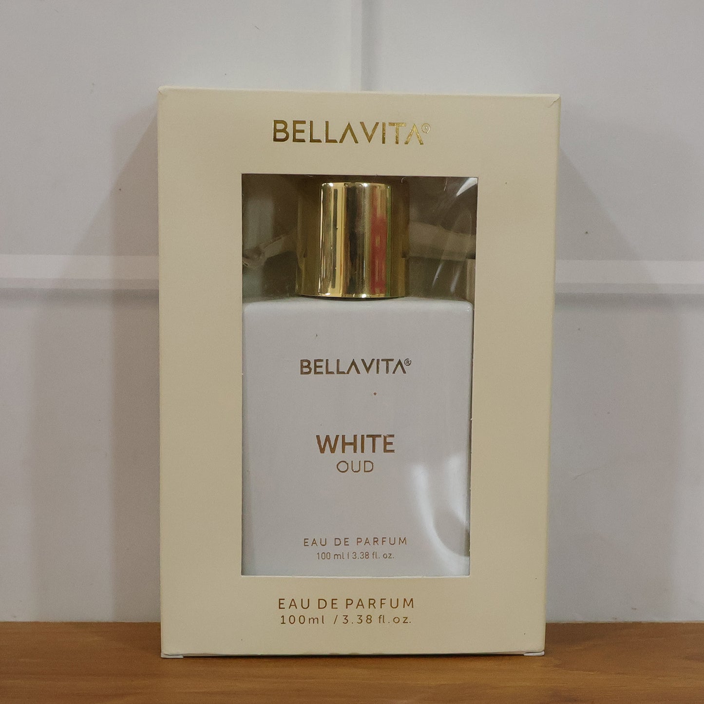 Bellavita Premium White Oud Eau De Perfume by Wukusy, 100ml bottle with elegant white packaging and fragrance details