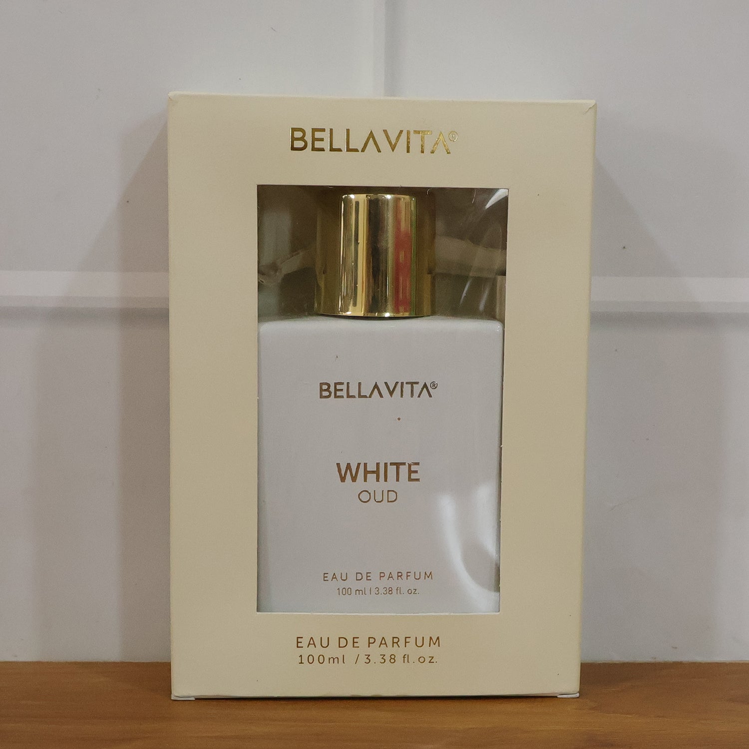 Bellavita Premium White Oud Eau De Perfume by Wukusy, 100ml bottle with elegant white packaging and fragrance details