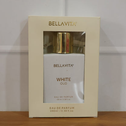 Bellavita Premium White Oud Eau De Perfume by Wukusy, 100ml bottle with elegant white packaging and fragrance details