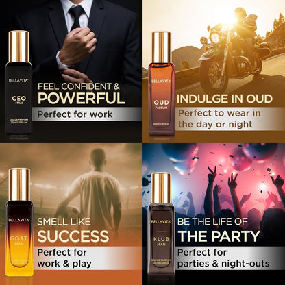 Wukusy Bellavita men's luxury perfume gift set with four 20ml bottles, elegant packaging, ideal for gifting.