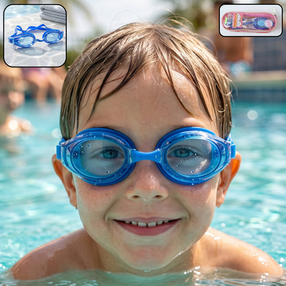 Kids durable swimming goggles by Wukusy with soft cushion seal and adjustable head strap, shown on a child.