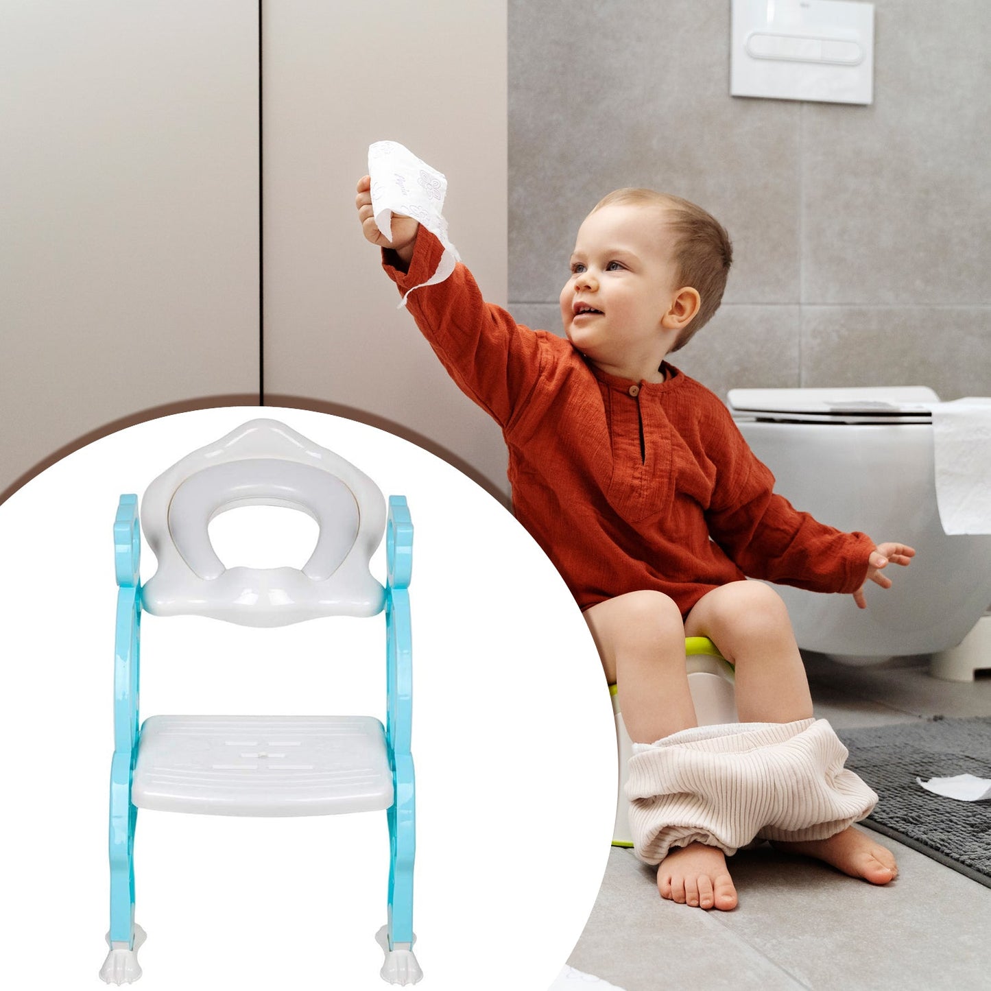 Wukusy 2-in-1 potty training toilet seat with step stool, soft padded seat, non-slip wide step for boys and girls, colorful design