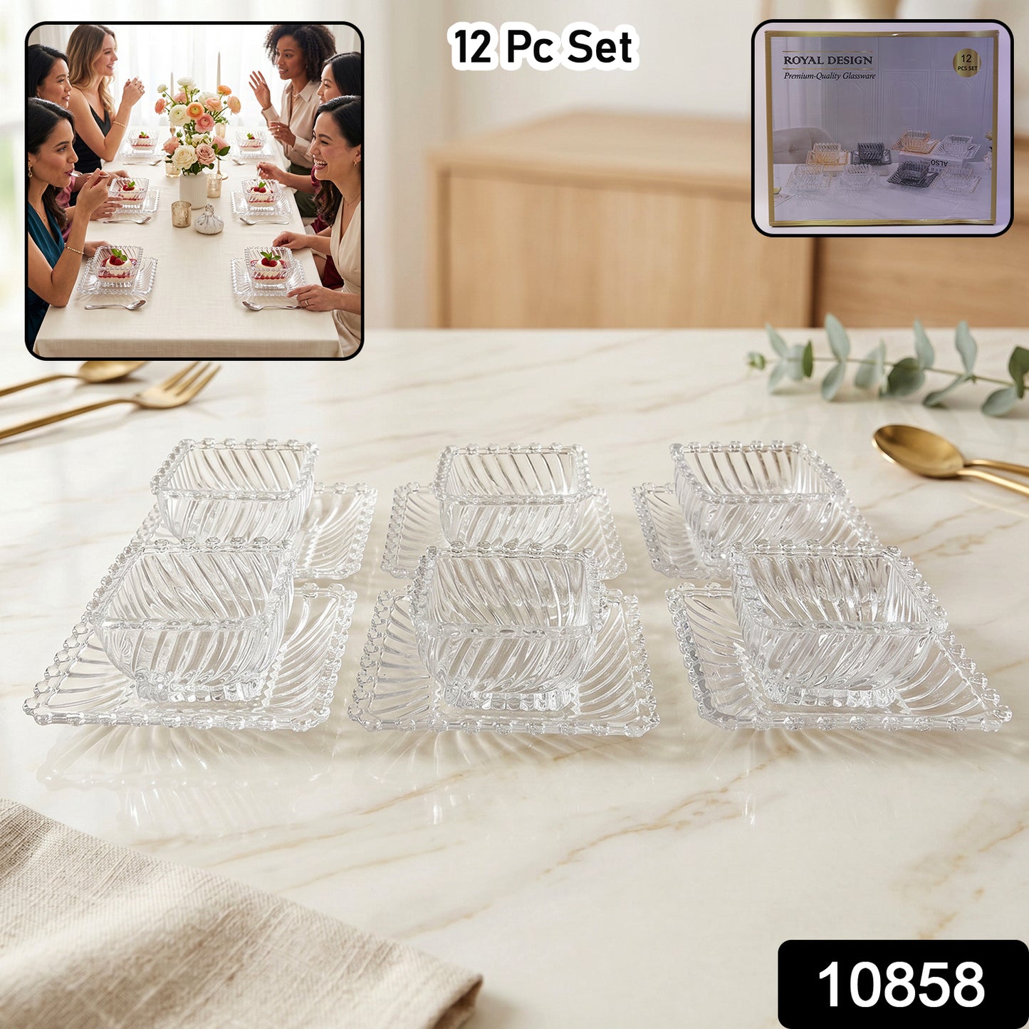 Wukusy Royal Premium glassware serving plate and bowl set with 12 pieces, clear elegant design for serving food and desserts