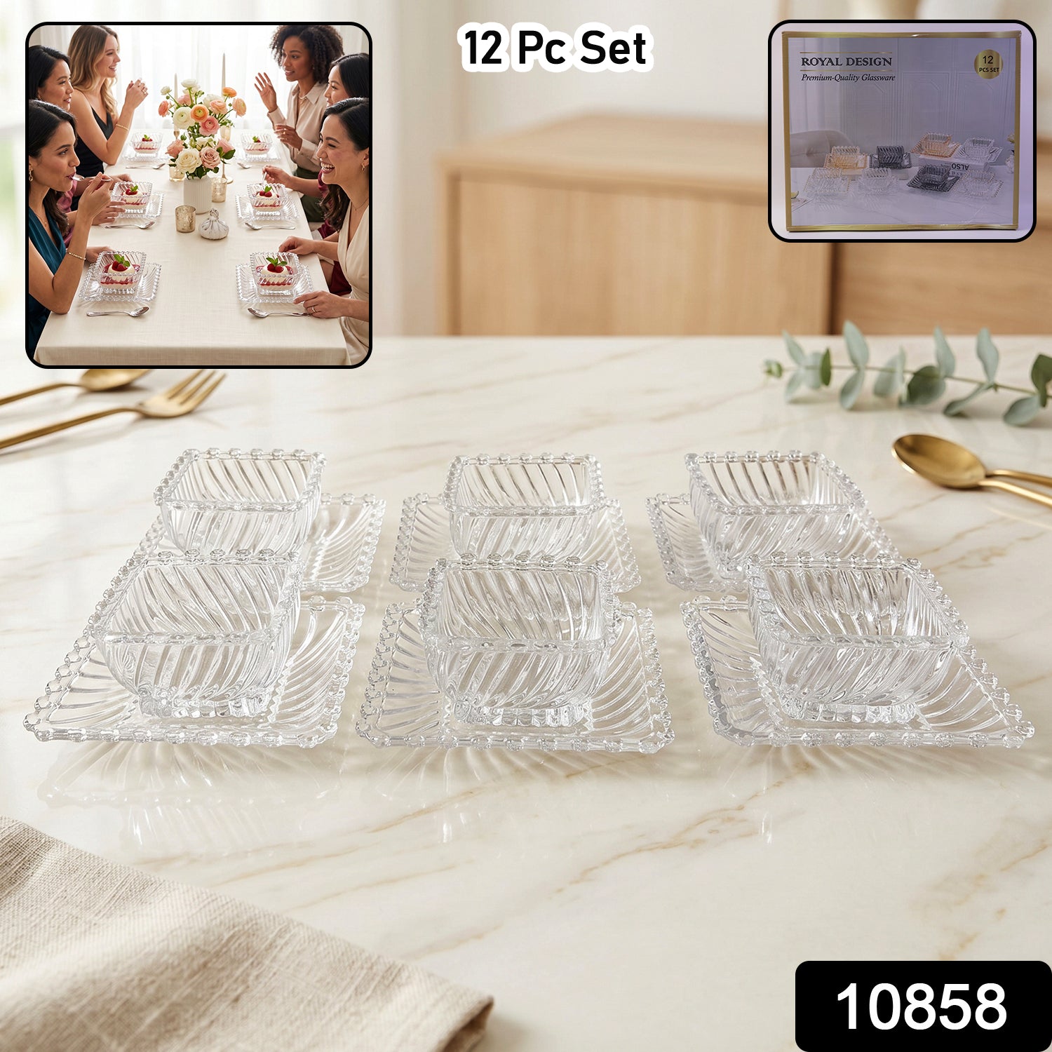 Wukusy Royal Premium glassware serving plate and bowl set with 12 pieces, clear elegant design for serving food and desserts