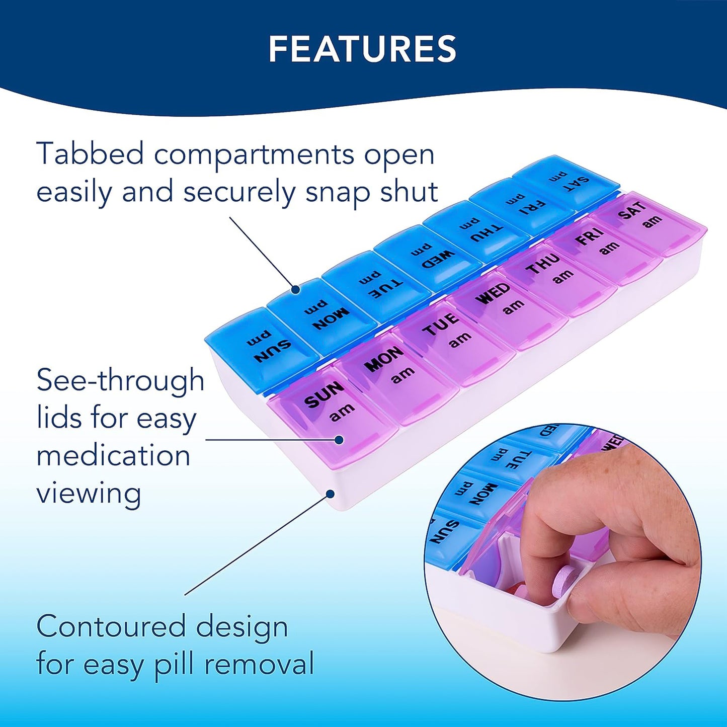Wukusy weekly medicine pill organizer with seven compartments for daily medication management, labeled with days of the week.