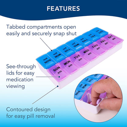 Wukusy weekly medicine pill organizer with seven compartments for daily medication management, labeled with days of the week.