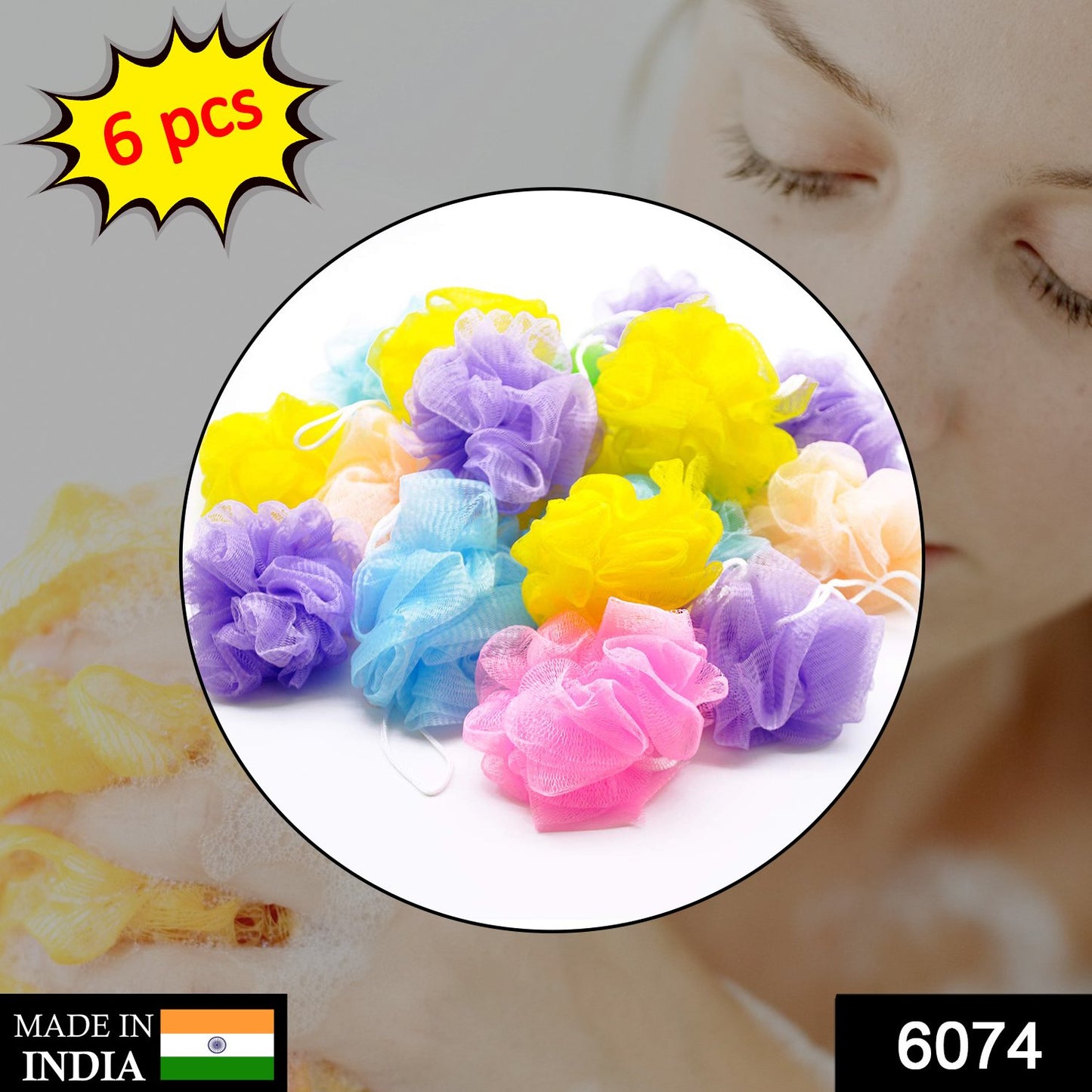Six Wukusy bath shower loofah sponges, soft pouf body scrubbers for cleansing and exfoliating skin in the health and beauty routine.