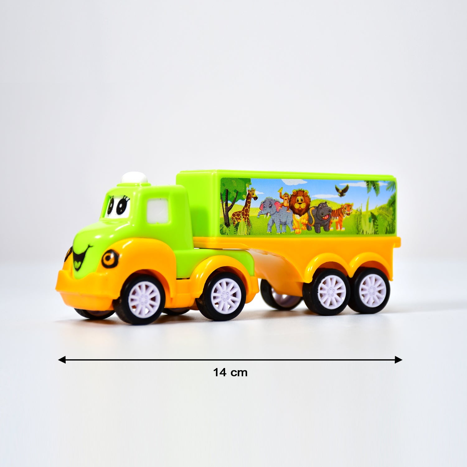 Small green and yellow Wukusy toy truck with detailed design, perfect for children's play and imaginative fun.
